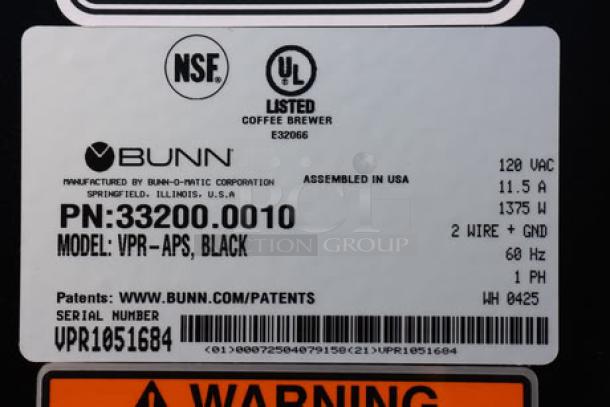 Brand new Bunn 33200.0010 VPR-APS coffee brewer label, NSF and UL listed, 120V, serial number VPR1051684.