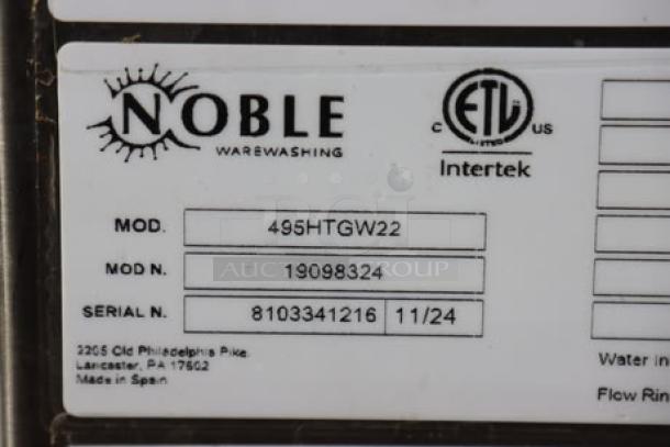 Noble Warewashing HTGW glass washer label, model 495HTGW22, serial 8103341216, ETL certified.