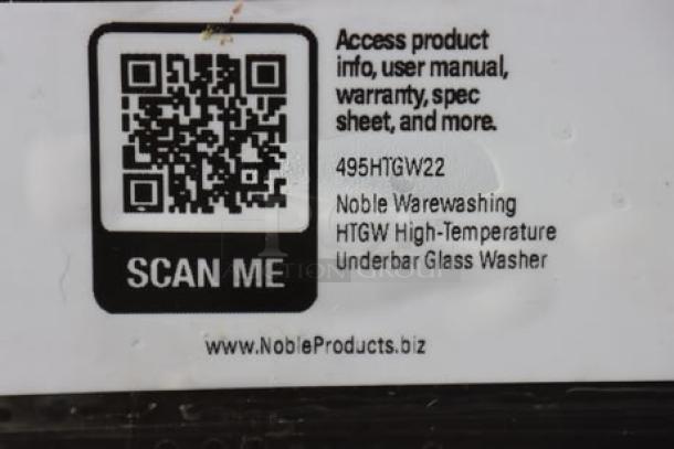 QR code label on Noble Warewashing HTGW High-Temperature Underbar Glass Washer, 495HTGW22, with access instructions.