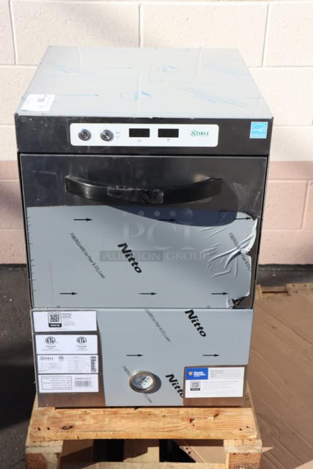 Brand new Noble Warewashing HTGW glass washer with minor dents. High-temp, 208V/240V, 1 Phase. S/N: 8103341216.