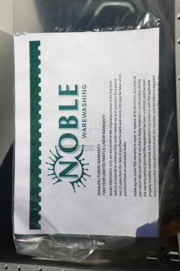 Noble Warewashing label with warranty details for HTGW High-Temperature Underbar Glass Washer, S/N: 8103341216.