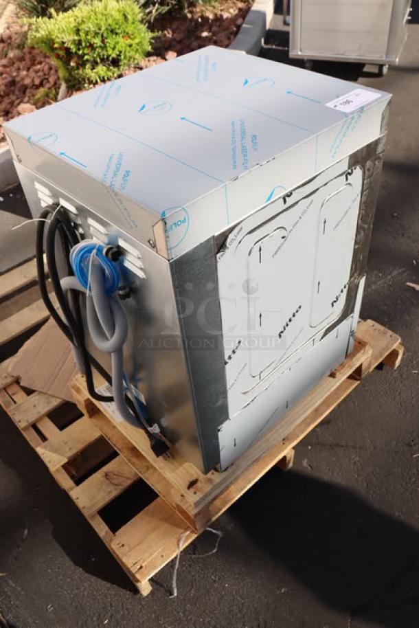 Brand new Noble Warewashing HTGW high-temp glass washer, 208V/240V, showing packaging on a pallet, with wiring visible.
