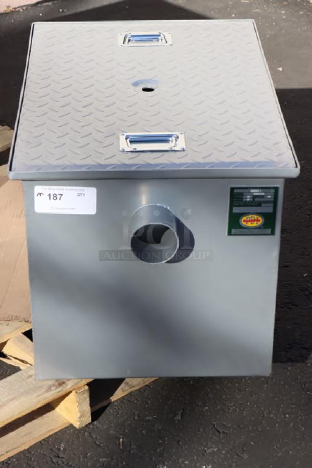 Regency 600GT grease trap, 25 GPM, 50 lb. capacity, PDI certified, brand new scratch-n-dent, with 3" non-threaded connections.