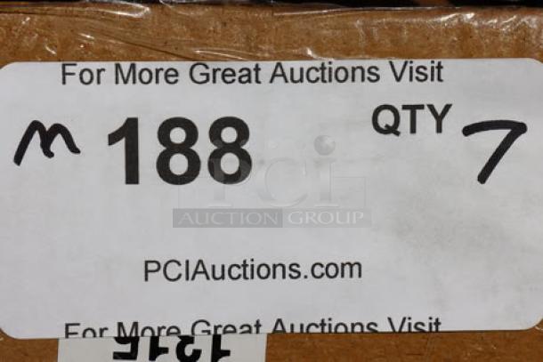 Alt text: Auction label showing "188 QTY 7" for Acopa Alchemy mugs, 16 oz, dark antique copper, model 553AQCMH16.