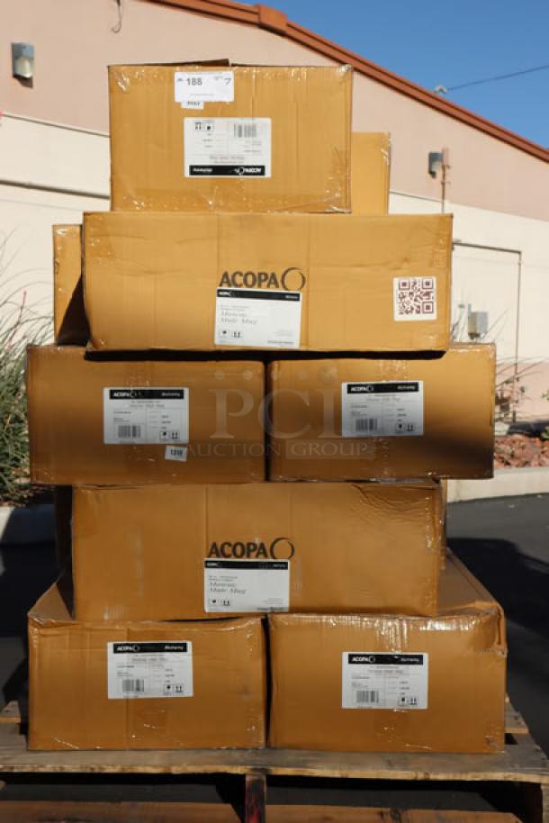 Seven cartons of Acopa Alchemy 16 oz. hammered dark antique copper Moscow Mule mugs, each carton contains 12 mugs, model 553AQCMH16, stacked on a pallet.