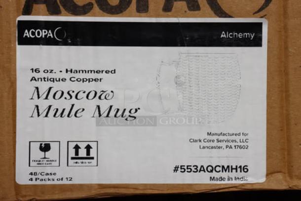 Acopa Alchemy 16 oz. Hammered Dark Antique Copper Moscow Mule Mug packaging, model 553AQCMH16, 7 cartons of 12 mugs.