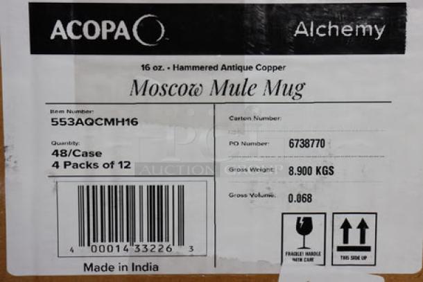 Acopa Alchemy 16 oz. Hammered Dark Antique Copper Moscow Mule Mugs, model 553AQCMH16, 48 mugs per case, made in India.