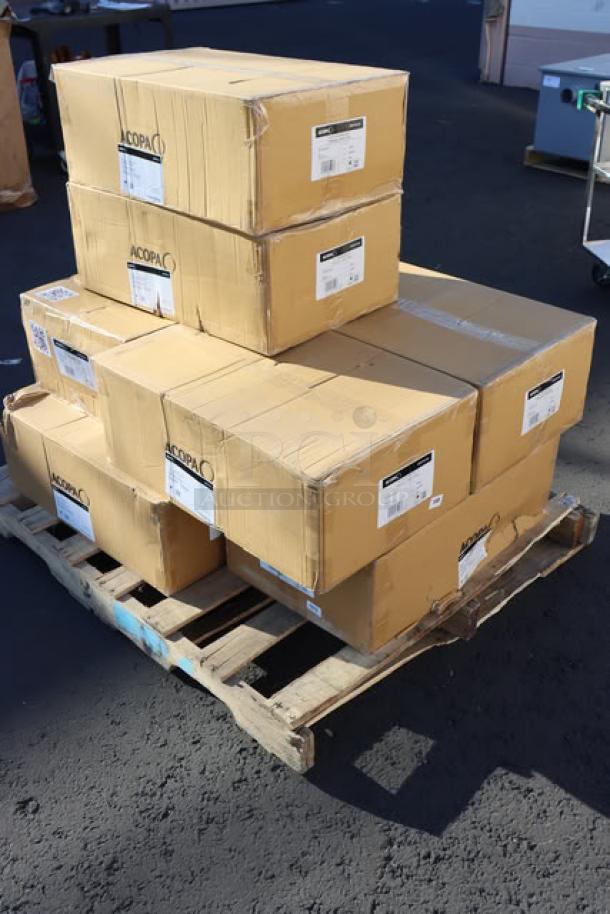 Brand new Acopa Alchemy 16 oz. Hammered Dark Antique Copper Moscow Mule Mugs, model 553AQCMH16. Eight cartons on pallet.