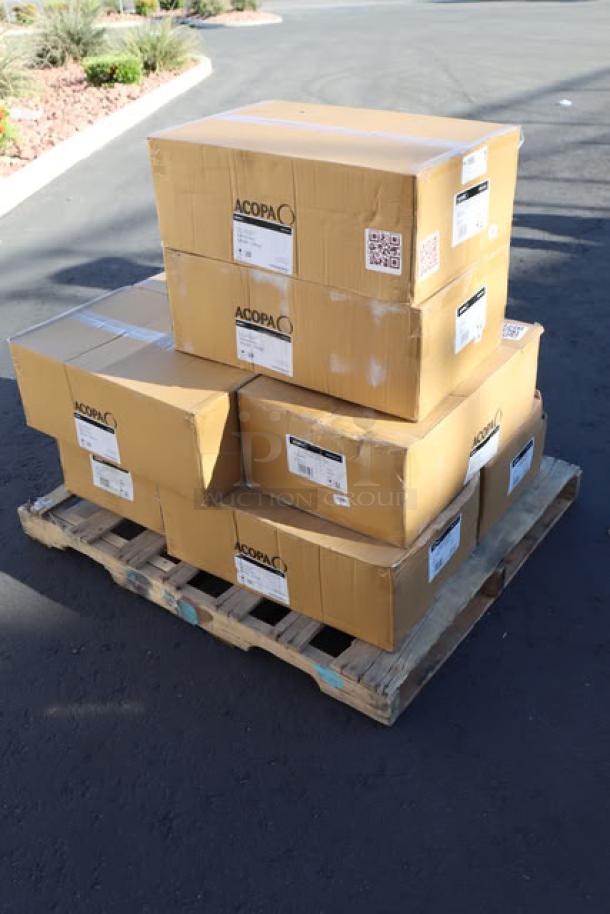 Boxes of Acopa Alchemy 16 oz. hammered dark antique copper Moscow Mule mugs on a pallet, labeled model 553AQCMH16.