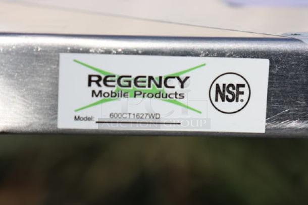 Regency 600CT1627WD label on 16" x 27" stainless steel utility cart, NSF certified, brand new condition.