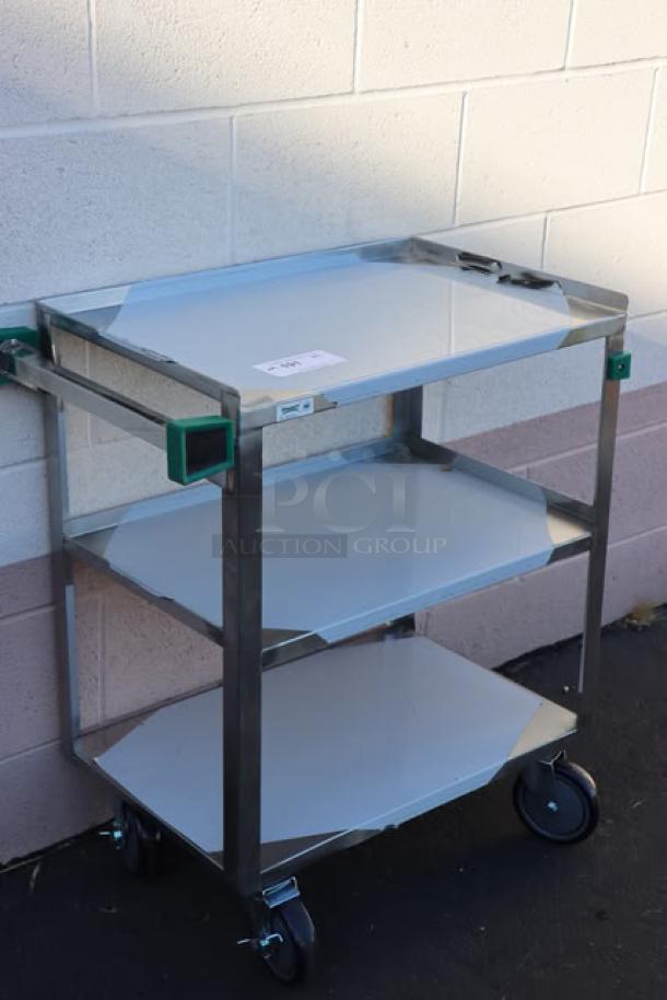 Brand new Regency 600CT1627WD utility cart, 16" x 27", three-shelf, 20-gauge 430 stainless steel, fully welded.