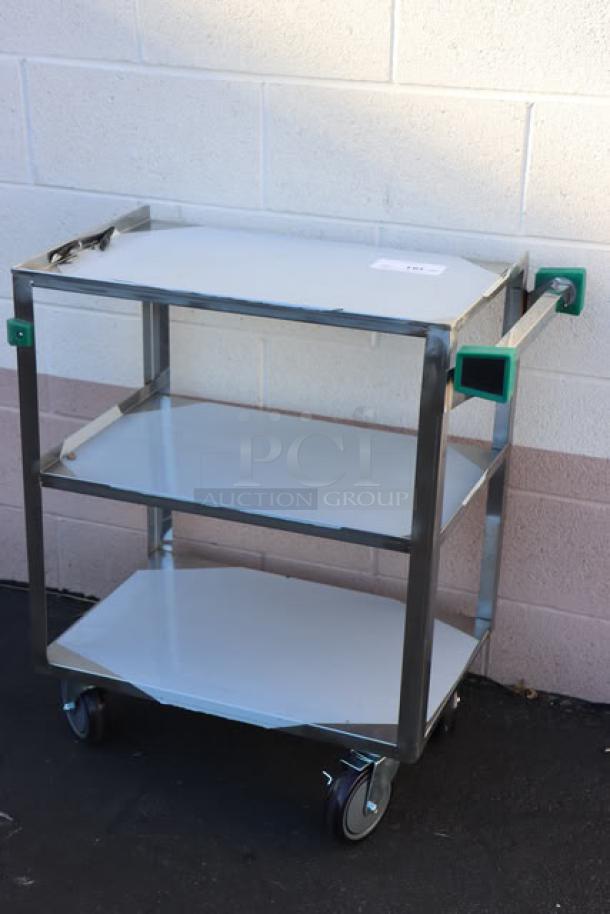 Brand new Regency 16" x 27" three-shelf utility cart, stainless steel, fully welded, model 600CT1627WD, without packaging.