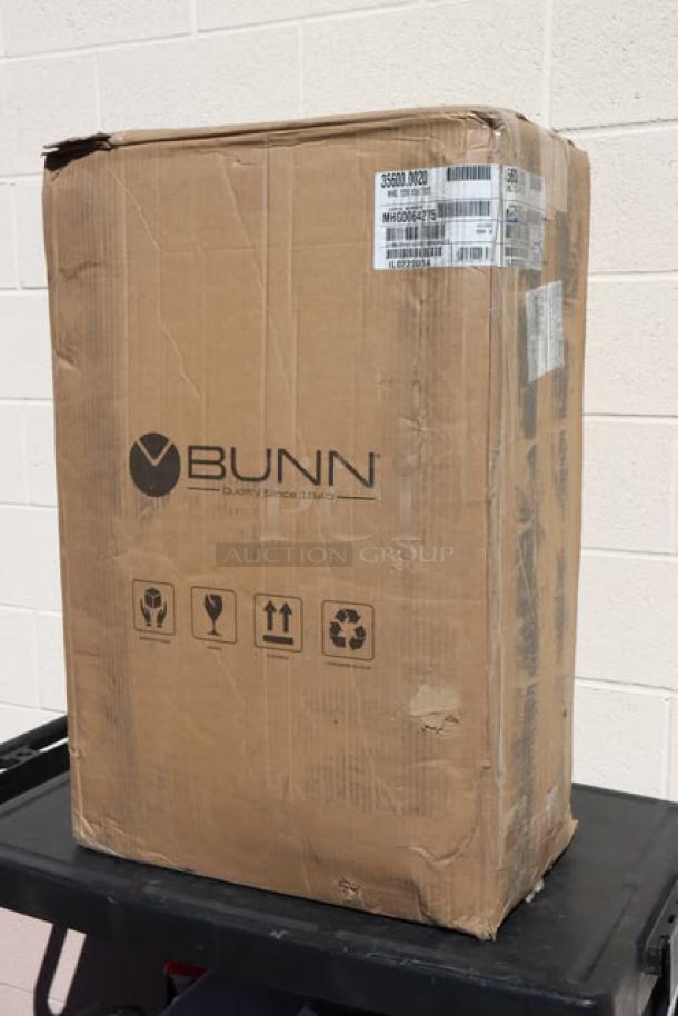 Bunn 35600.0020 BrewWISE MHG Coffee Grinder in original packaging, box damaged, S/N MHG0064275 visible.