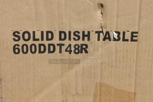 Cardboard box showing markings "SOLID DISH TABLE 600DDT48R", indicating model number of Regency dish table.