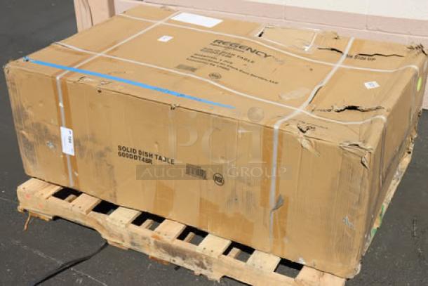 Regency 16 Gauge 4' Soiled Dish Table, Model 600DDT48R, in damaged packaging on a pallet. Right drainboard.