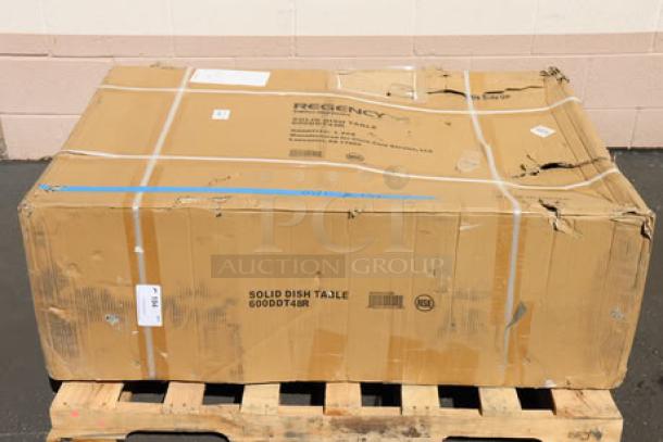 Brand new Regency 16 gauge 4' soiled dish table, model 600DDT48R, with right drainboard. Box labeled "solid dish table."