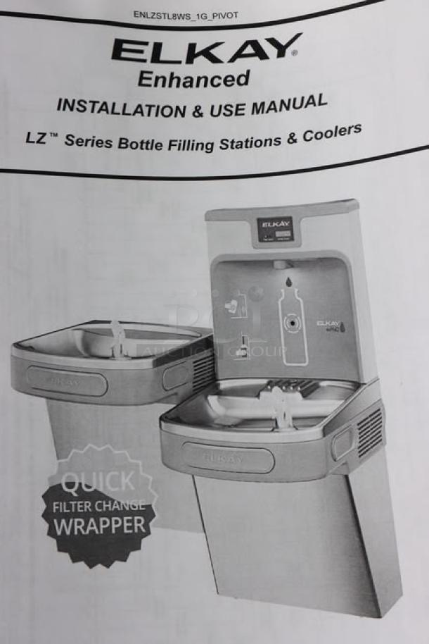 Alt Text: "Zurn Elkay LZSTL8WSSK ezH20 stainless steel, hands-free bottle filling station with drinking fountain, scratch-n-dent, new."