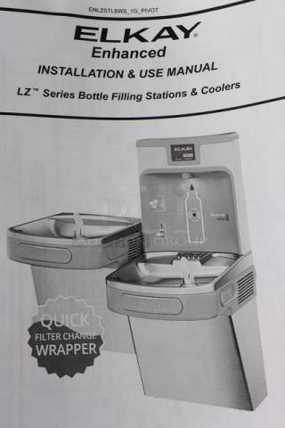 Alt Text: "Zurn Elkay LZSTL8WSSK ezH20 stainless steel, hands-free bottle filling station with drinking fountain, scratch-n-dent, new."