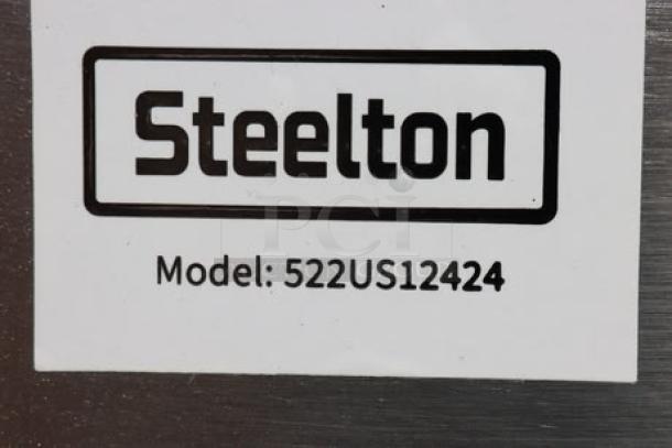 Steelton 522US12424 label on steel surface, indicating a brand new scratch-and-dent item.