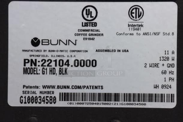 Bunn 22104.0000 G1 HD black bulk coffee grinder tag showing UL and Intertek certifications, serial number G100034580.