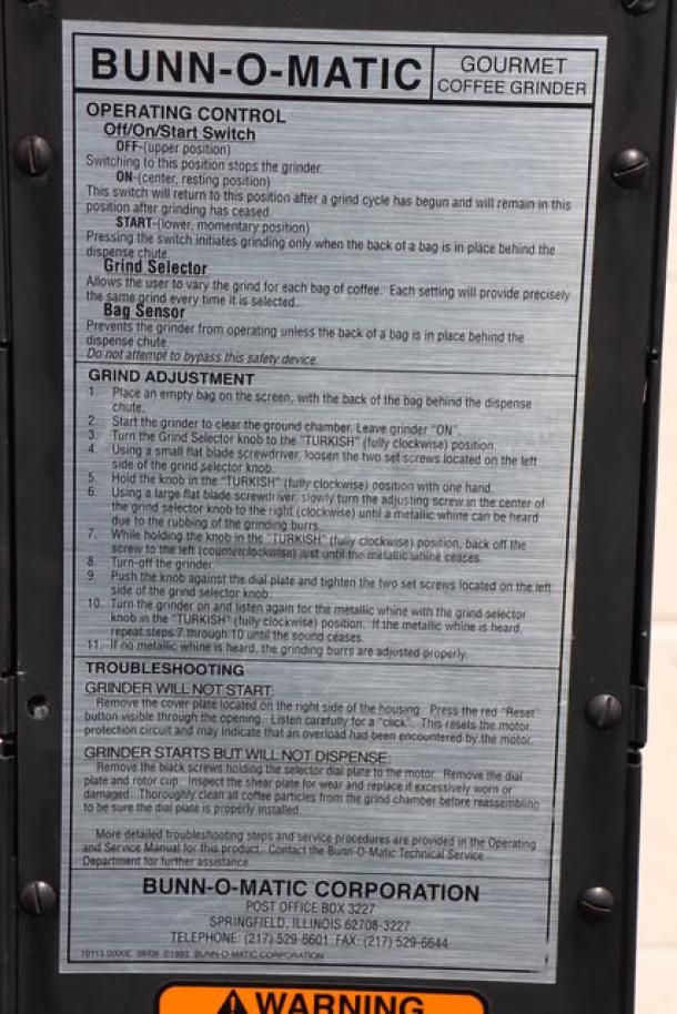 Bunn 22104.0000 G1 HD bulk coffee grinder with operating instructions label; black, new scratch-n-dent condition.