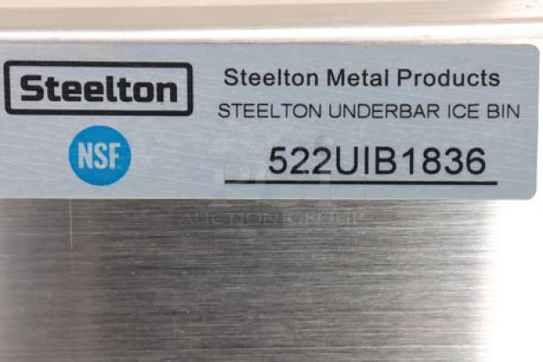 Steelton underbar ice bin model 522UIB1836 label, featuring NSF certification and product branding.