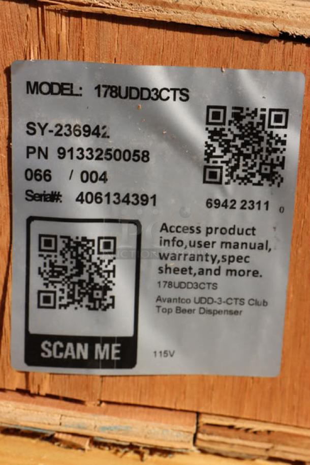 Avantco kegerator label, model 178UDD3CTS, serial 406134391. Access info, manual via QR. 115V, for beer dispensing.