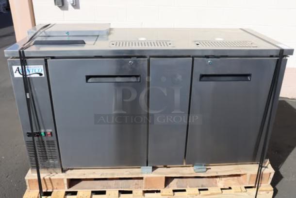 Avantco UDD-3-CT-S-6 stainless steel kegerator, new, with dual triple tap tower and club top, visible dent on bottom left.