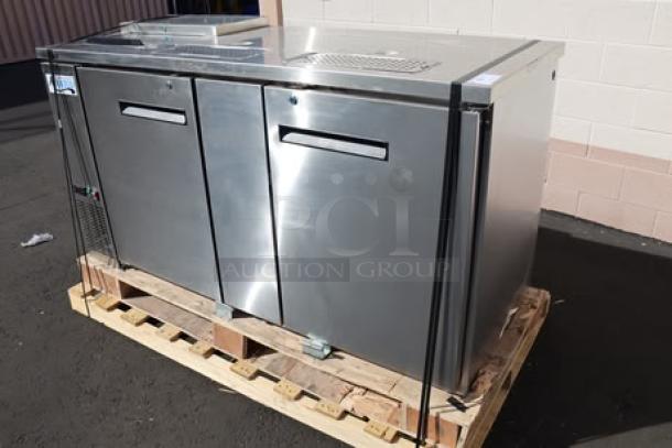Alt text: Avantco UDD-3-CT-S-6 stainless steel kegerator with two triple tap towers, club top, and 3 half keg capacity. Brand new, minor scratches, large dent on bottom left.