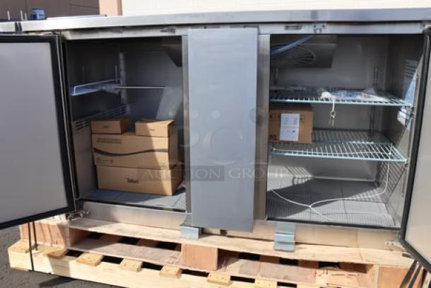 Stainless steel Avantco UDD-3-CT-S-6 kegerator with two triple tap towers, club top, 3 half keg capacity. Dent and minor scratches.