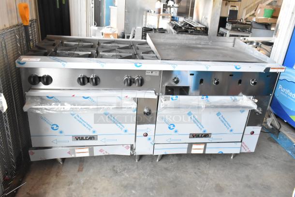 BRAND NEW Vulcan 72SS-6B36GTN commercial range, 6 burners, 36" griddle, 2 ovens, 72", natural gas, 310,000 BTU, minor dents.