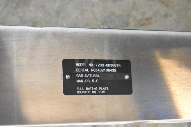 Label on Vulcan 72SS-6B36GTN range, showing model, serial no. 482108439, natural gas type, and pressure details.