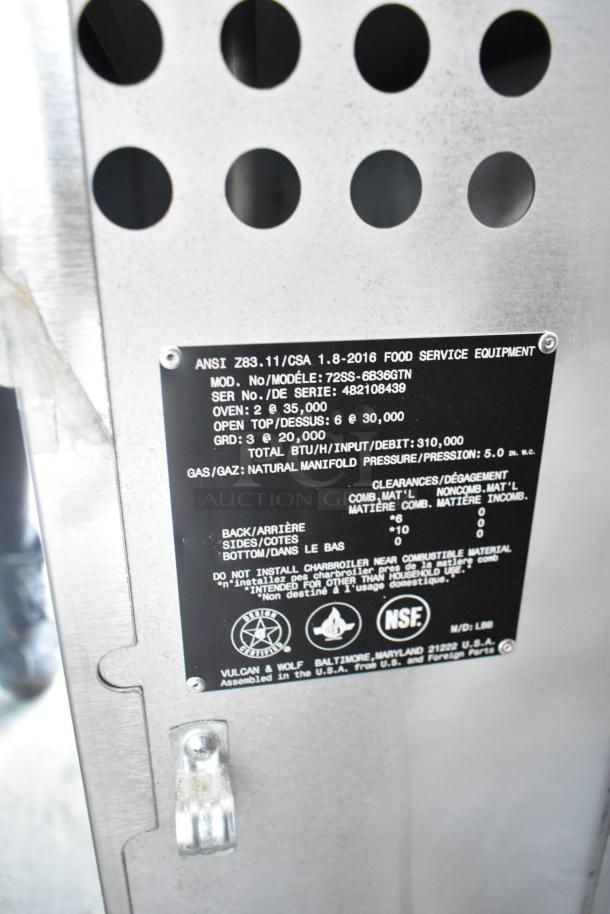 Metal label on Vulcan 72SS-6B36GTN range. Shows specs, including model, BTU, and gas requirements. 2025 make.