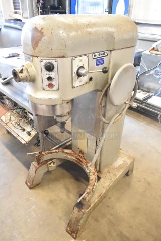 Hobart H 600 T 60 Quart Mixer, 230V, 3 Phase. Used condition. Visible wear and rust. Control panel intact.
