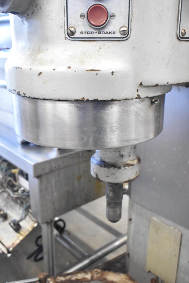 Hobart H 600 T 60 Quart Commercial Mixer, 230V, 3 Phase, visible wear, "Stop-Brake" button, sturdy construction.