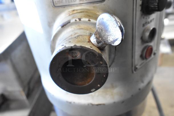 Hobart H 600 T commercial mixer, 60-quart capacity, showing wear. Features 230V, 3-phase power; close-up of controls.