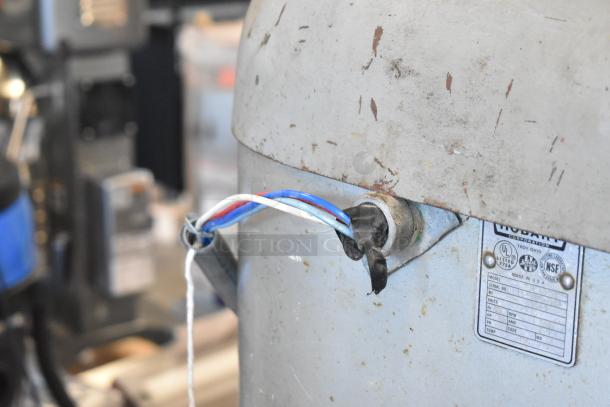 Hobart H 600 T Mixer, 60 Quart, 230V, 3 Phase. Visible wear. Label shows model and safety certifications.