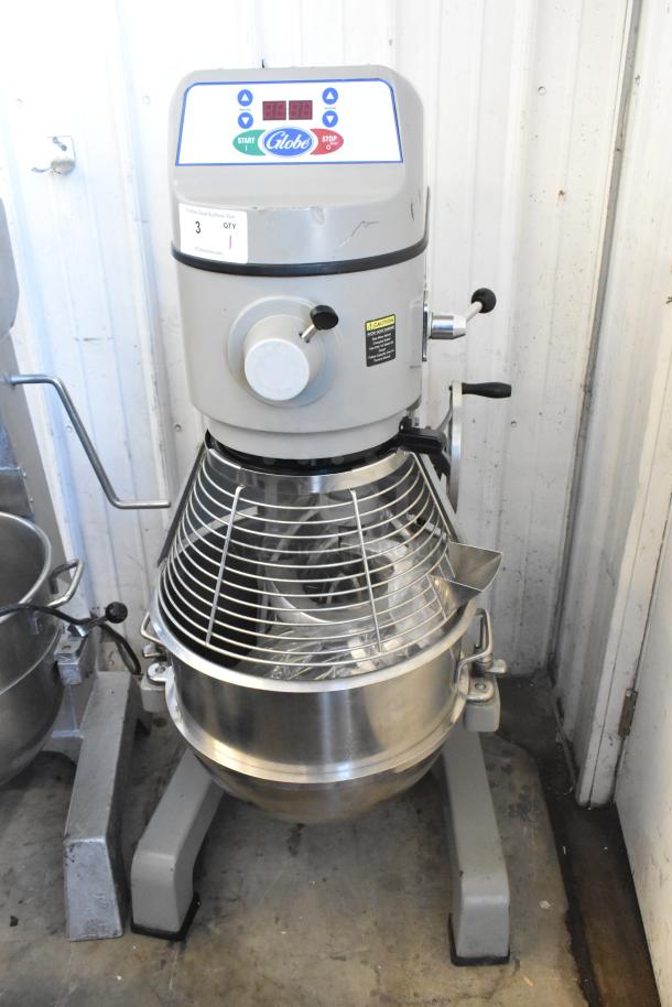 Globe SP40 40 Qt. Planetary Mixer with bowl, bowl guard, whisk, paddle, dough hook; 220V, 1 phase, good condition.