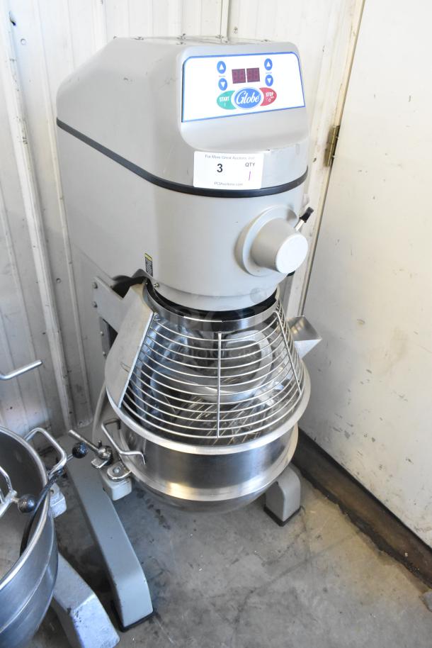 Globe SP40 commercial 40-quart mixer with bowl, guard, whisk, paddle, dough hook, 220V, 1-phase, gently used condition.