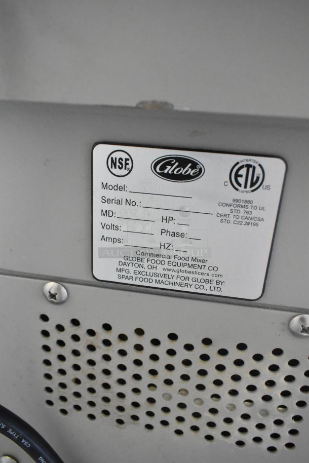 Globe SP40 Mixer label showing model and certification details. 220V, 1 phase, NSF and ETL certified.