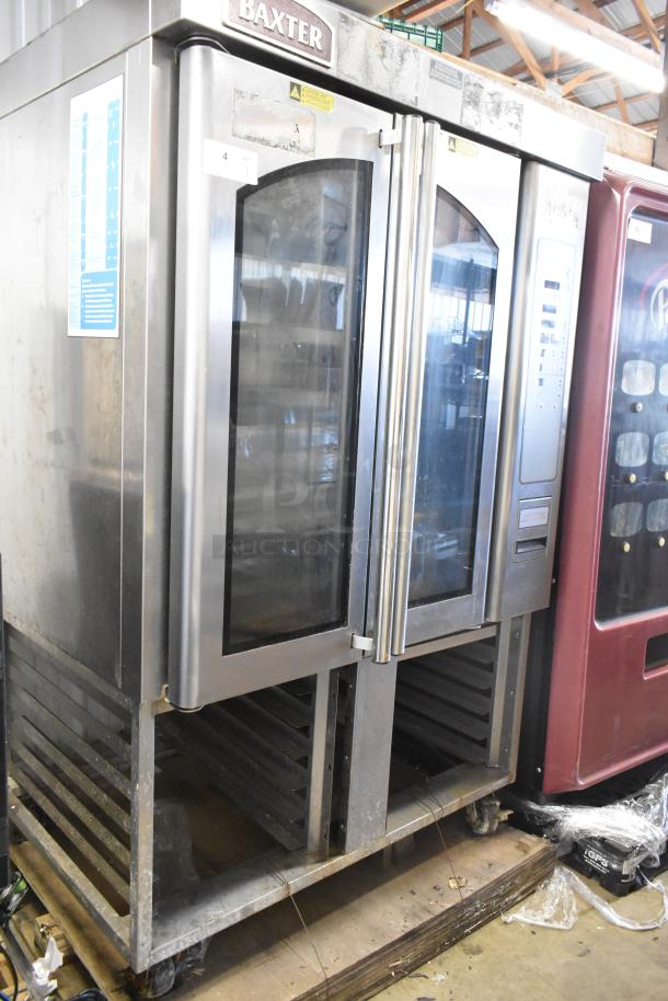 Baxter OV310G stainless steel commercial gas oven on double pan rack with casters; right side door does not open.