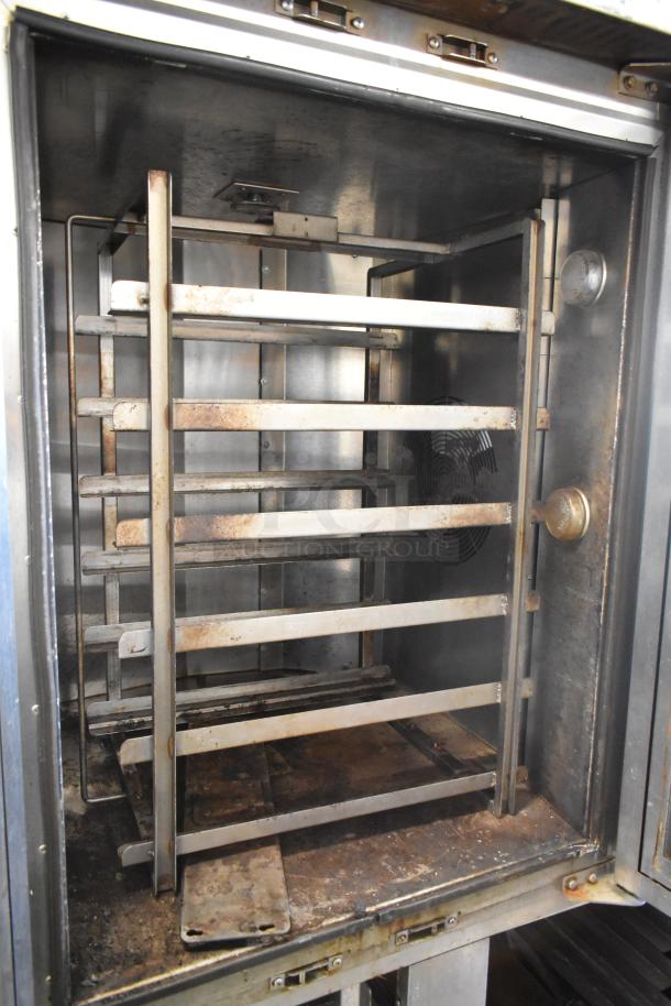 Baxter OV310G stainless steel commercial rack oven, natural gas, double pan rack, worn condition, right side door inoperable.