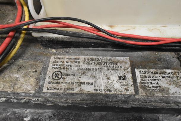 Stainless steel Scotsman NH0622A-1B ice head label, 115V, UL and NSF certified, on Lancer TP30 dispenser, 1 phase power.