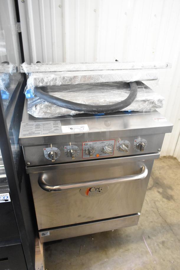 BRAND NEW 2024 Cooking Performance Group ER24-240-1 24" 4-burner electric range with space saver oven, 240V. Scratch and dent condition. Model 351ER24SD.
