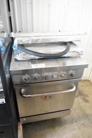 BRAND NEW 2024 Cooking Performance Group ER24-240-1 24" 4-burner electric range with space saver oven, 240V. Scratch and dent condition. Model 351ER24SD.
