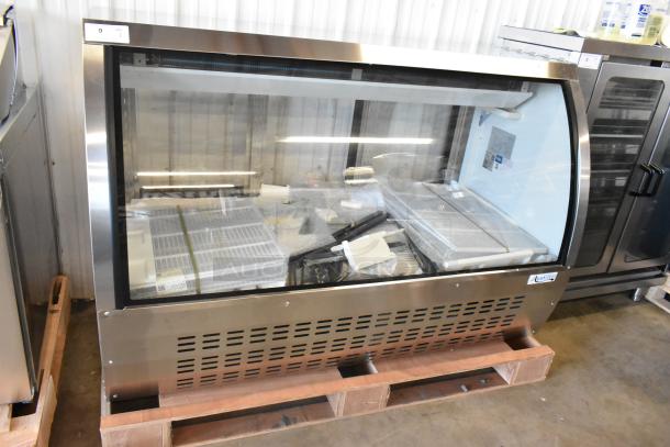 Brand new Avantco DLC64-HC-S 64" stainless steel refrigerated deli case with curved glass, 115V, 1 phase, on pallet.