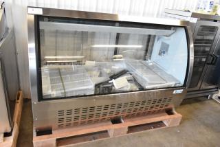 Brand new Avantco DLC64-HC-S 64" stainless steel refrigerated deli case with curved glass, 115V, 1 phase, on pallet.