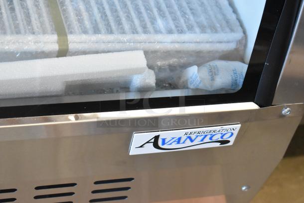 Brand new 2025 Avantco DLC64-HC-S deli case, stainless steel, curved glass, 64", 115V, 1 phase, with minor scratches.