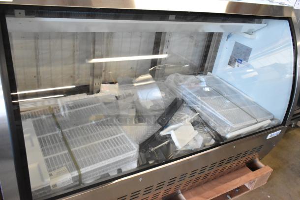 Avantco DLC64-HC-S 64" stainless steel curved glass refrigerated deli case, brand new, with visible packaging inside.