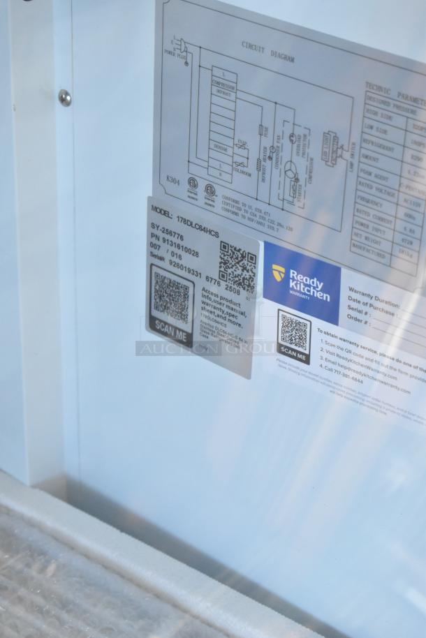 Label showing circuit diagram and technical data for Avantco DLC64-HC-S deli case, model 178DLC64HCS, 115V. Includes QR codes.
